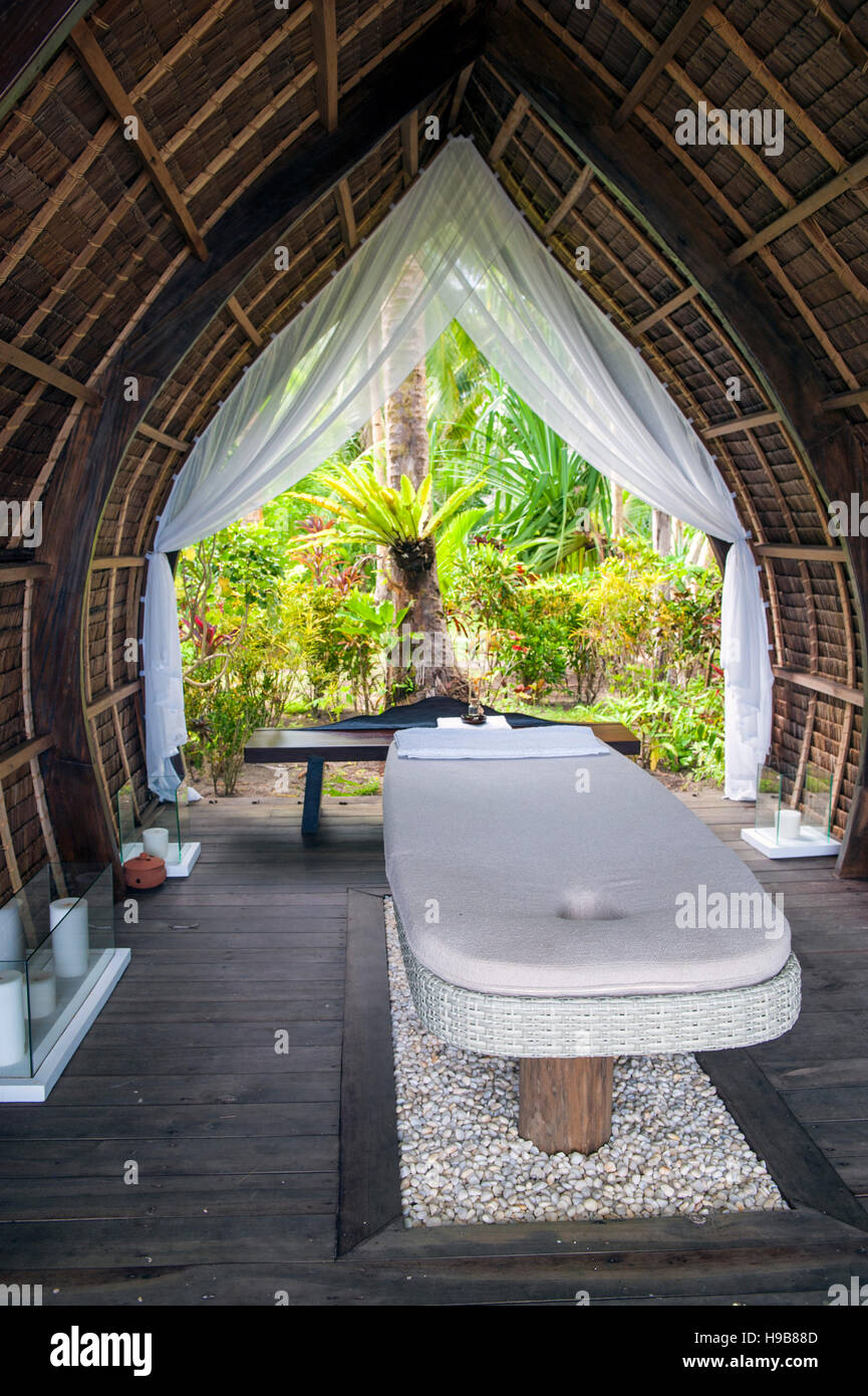 A massage room at Dedon Island resort, the 'outdoor lab' of Dedon furniture, a line of high-end outdoor furniture made from recycled plastic. Stock Photo