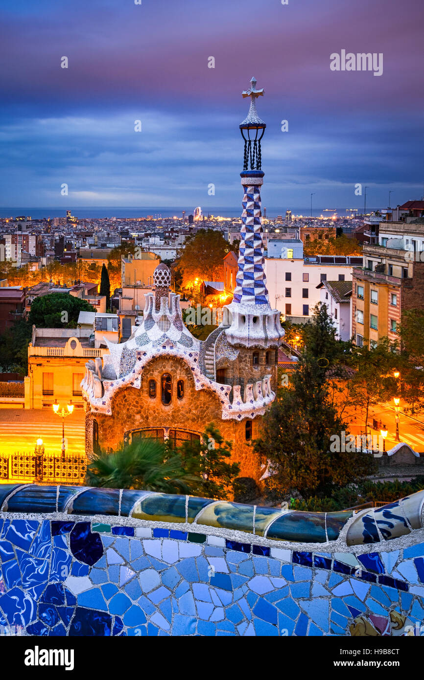 Park Guell in Barcelona, Spain at night Stock Photo