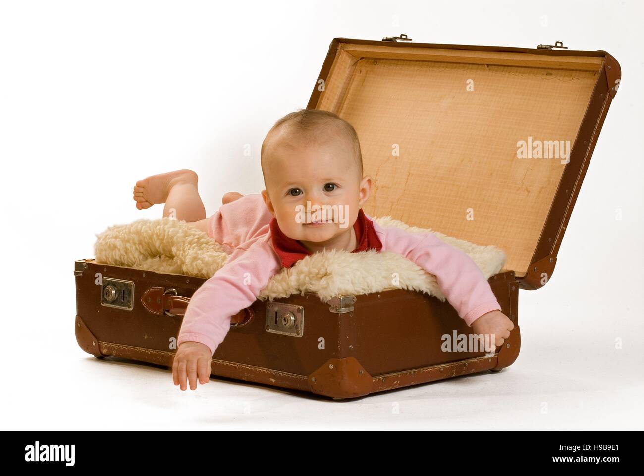 Baby girl, 6 month old, suitcase Stock Photo
