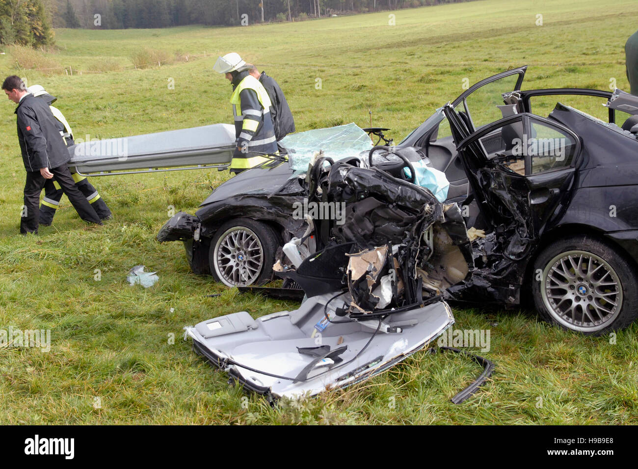 Fatal traffic accident, demolished car, transporting dead person, Weyarn, Upper Bavaria, Bavaria, Germany Stock Photo