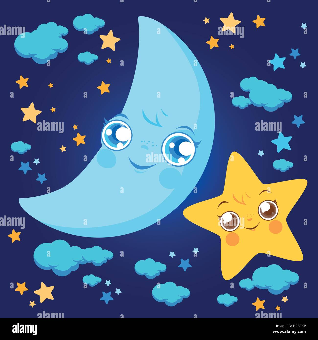 Cartoon moon stars and clouds. Stock Vector