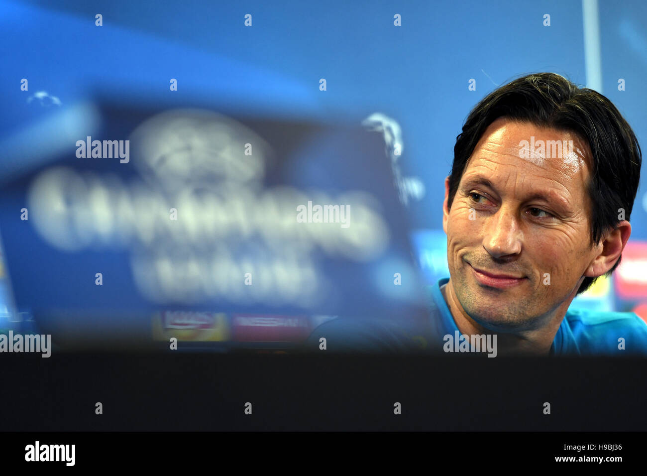 Roger Schmidt, head coach of Bayer Leverkusen, attends a press