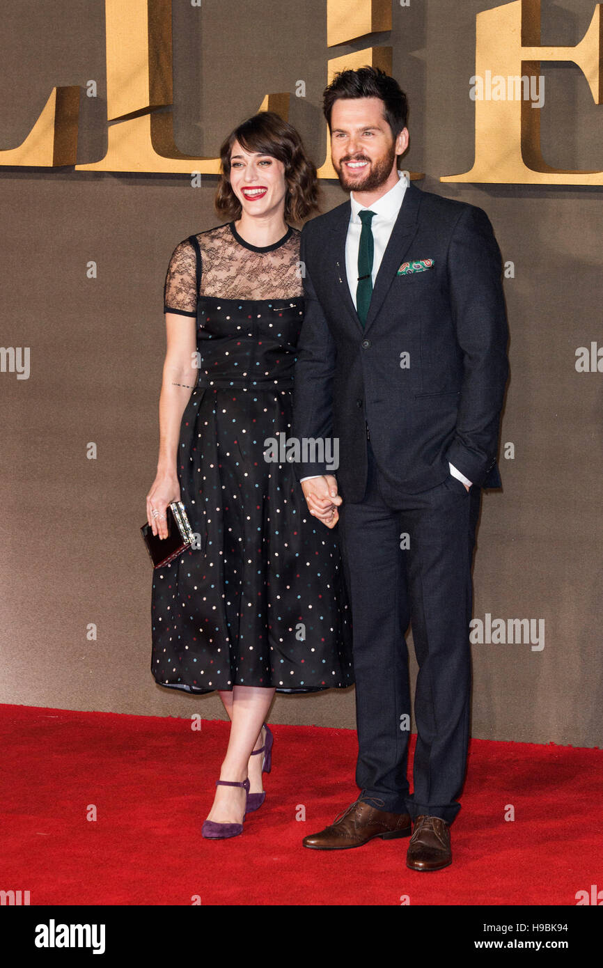 London, UK. 21st November 2016. Lizzy Caplan and Tom Riley attend the UK premiere of Allied, the World War II romantic thriller film, directed by Robert Zemeckis starring Brad Pitt and Marion Cotillard. Credit:  Bettina Strenske/Alamy Live News Stock Photo