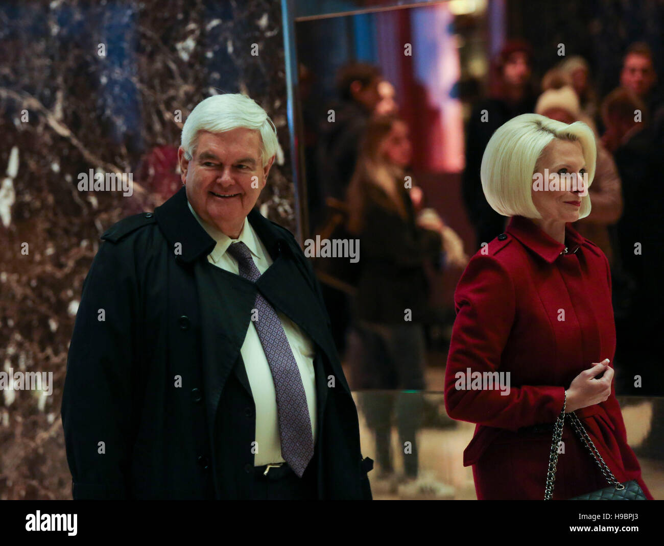 New York, USA. 21st Nov, 2016. Former Speaker of the United States House of Representatives Newt Gingrich (Republican of Georgia) arrives with his wife, Callista, for a meeting with US President-elect Donald Trump, in the Trump Tower, November 21, 2016, in New York, USA.  Photo: Aude Guerrucci/Consolidated/dpa/Alamy Live News Stock Photo