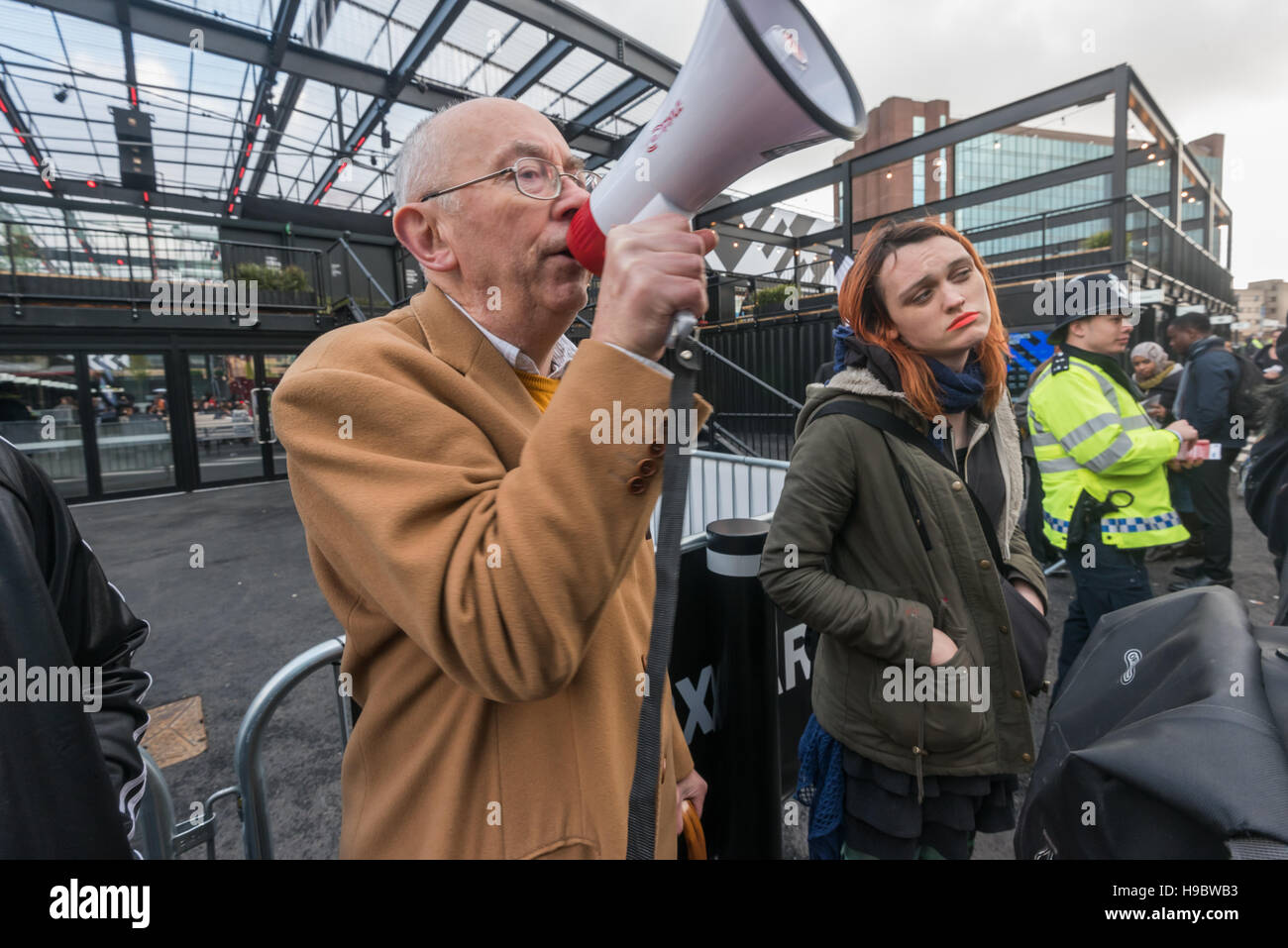 London, UK. 22nd November 2016. Ian Bone of Class War speaks at the protest outside Croydon Boxpark against property developers and council leaders who were attending the Develop Croydon Conference, aimed at transforming Croydon into a desirable metropolitan hub with luxury apartments, prestige offices and the capital’s latest Westfield. Credit:  Peter Marshall/Alamy Live News Stock Photo