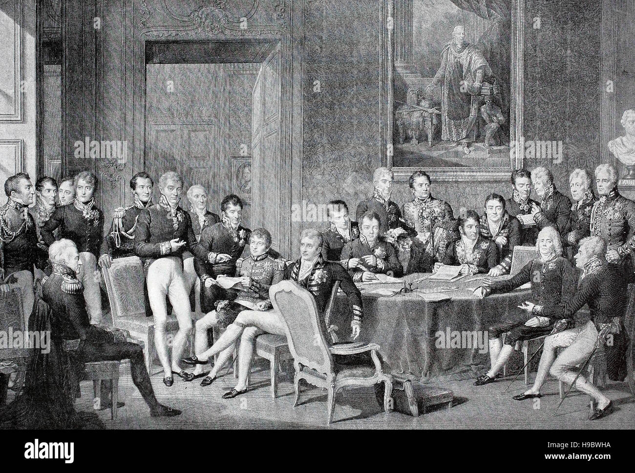The Congress of Vienna German: Wiener Kongress was a conference of ambassadors of European states chaired by Austrian statesman Klemens Wenzel von Metternich, and held in Vienna from November 1814 to June 1815, historical illustration Stock Photo