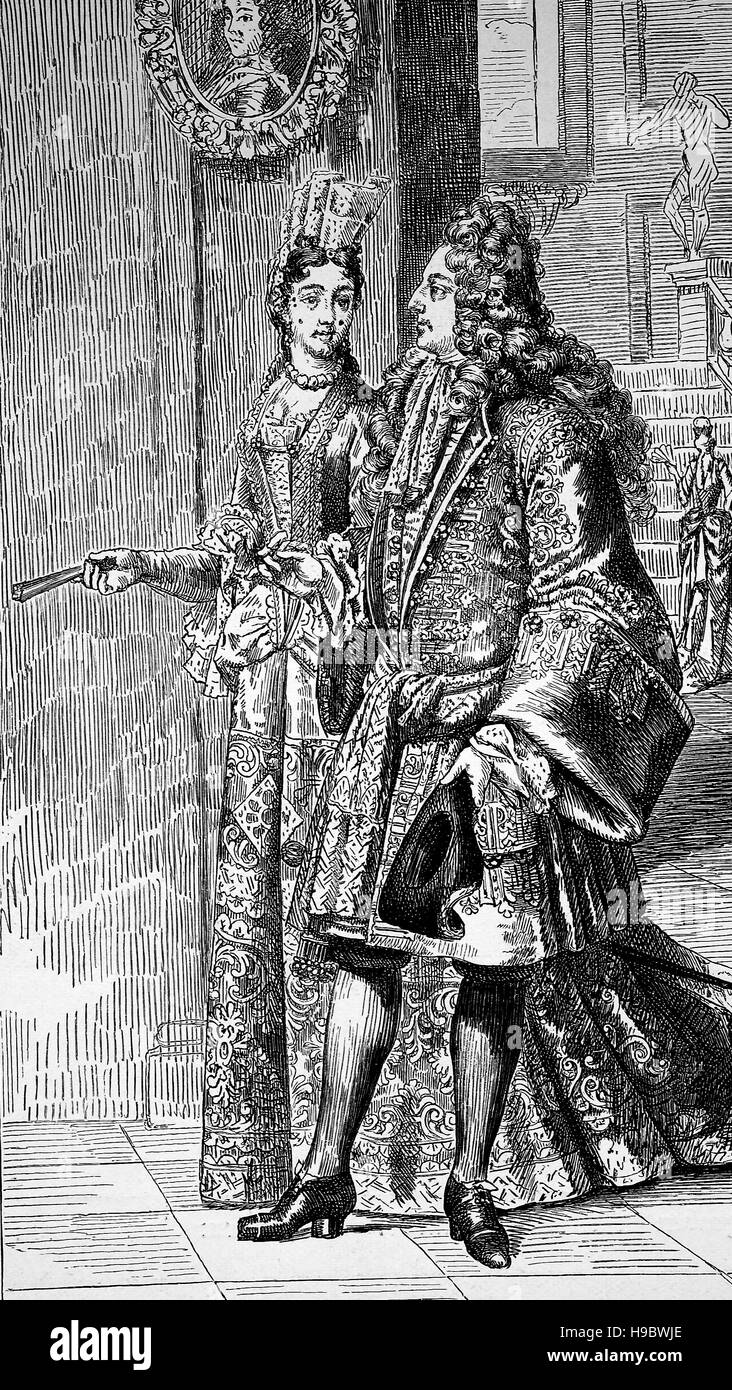 Costume at court in the second half of the 17th century, France, historical illustration Stock Photo