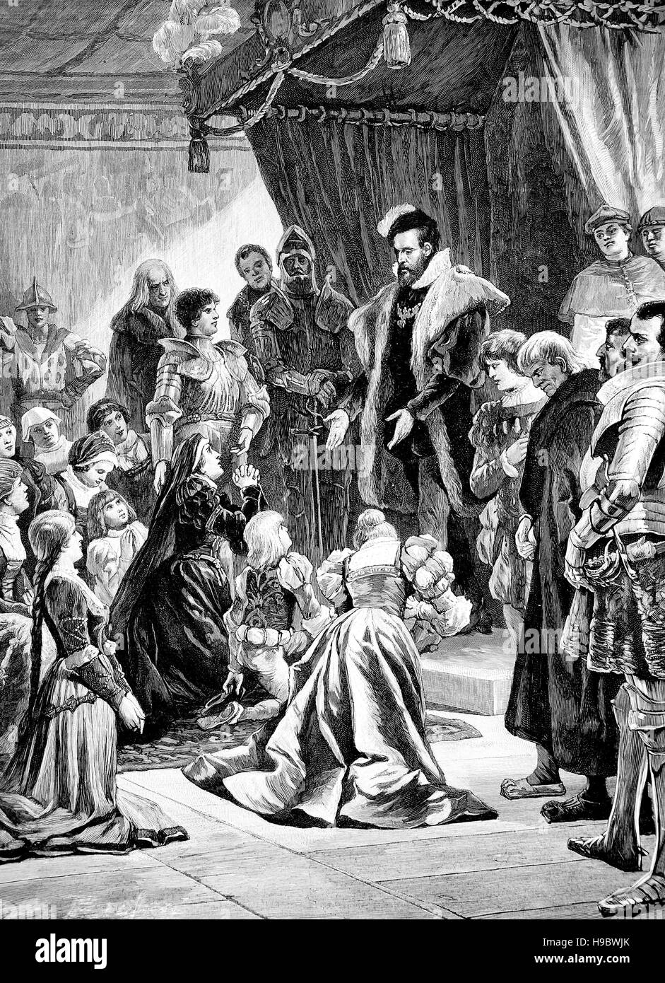 John Frederick II of Saxony, 8 January 1529 - 19 May 1595, as a child infront of Charles V, Holy Roman Emperor, historical illustration Stock Photo
