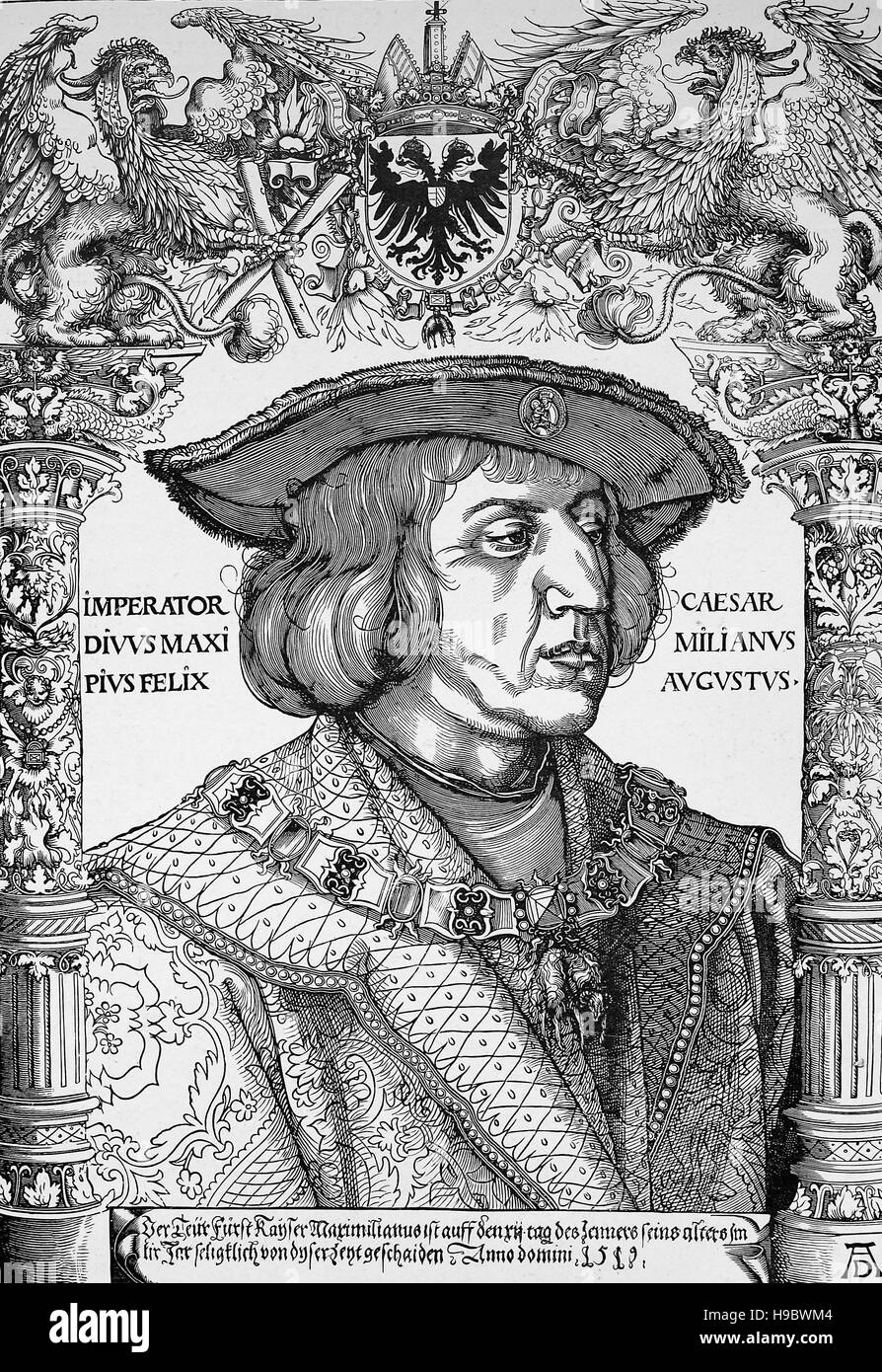 Maximilian I, 22 March 1459 - 12 January 1519, was King of the Romans also known as King of the Germans from 1486 and Holy Roman Emperor from 1493 until his death, historical illustration Stock Photo