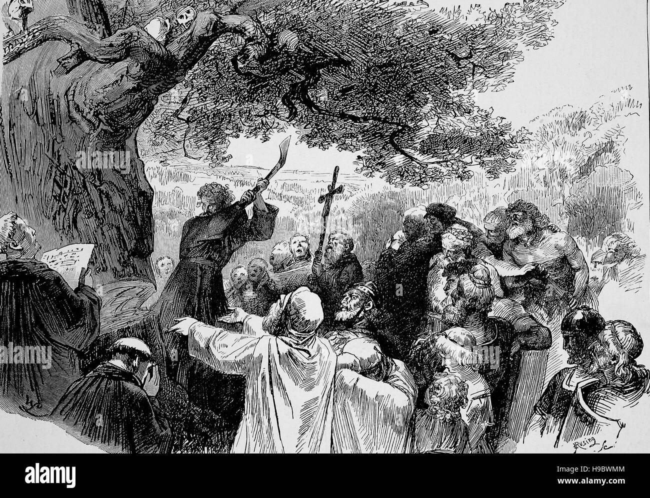 Saint Boniface felling Donar's Oak, Saint Boniface, Bonifatius, 675 –  754, born Winfrid, Wynfrith, or Wynfryth in the kingdom of Wessex in Anglo-Saxon England, was a leading figure in the Anglo-Saxon mission to the Germanic parts of the Frankish Empire during the 8th century, historical illustration Stock Photo