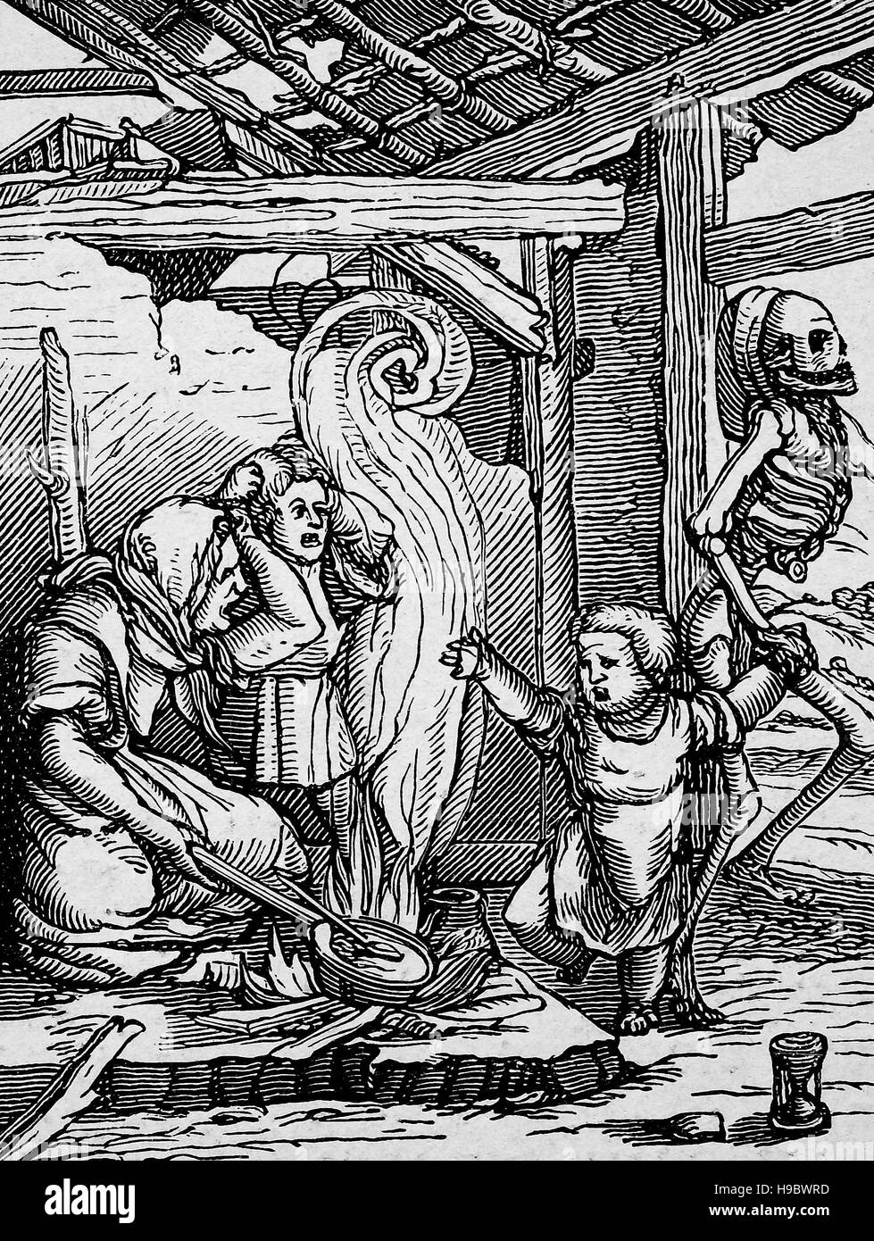 Dance of Death, also called Danse Macabre of Hans Holbein the Younger, The death and the child, historical illustration Stock Photo