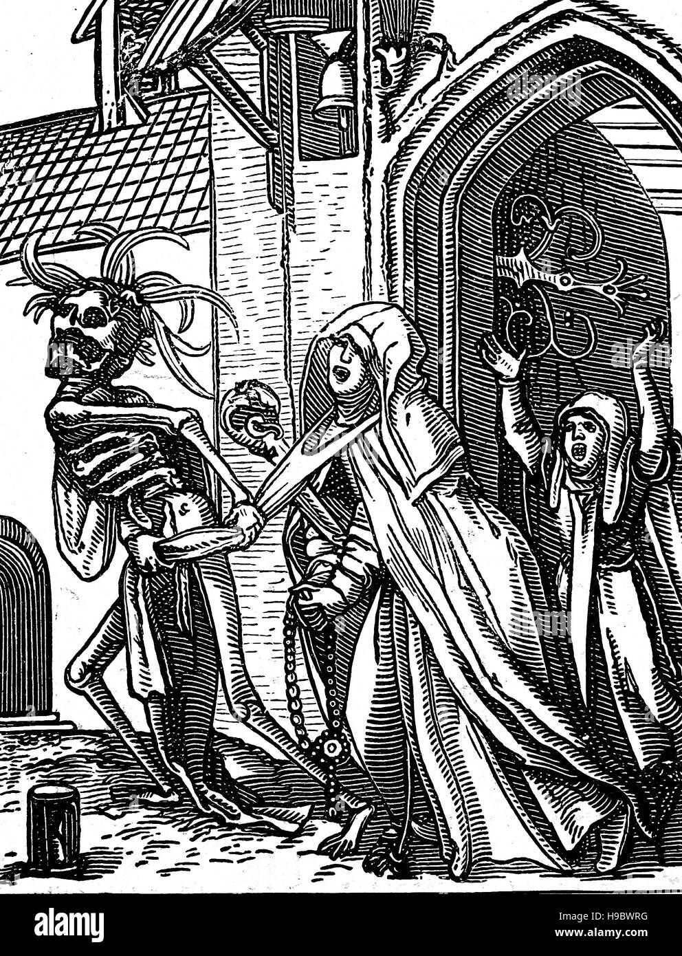 Dance of Death, also called Danse Macabre of Hans Holbein the Younger, The death and the nun, historical illustration Stock Photo