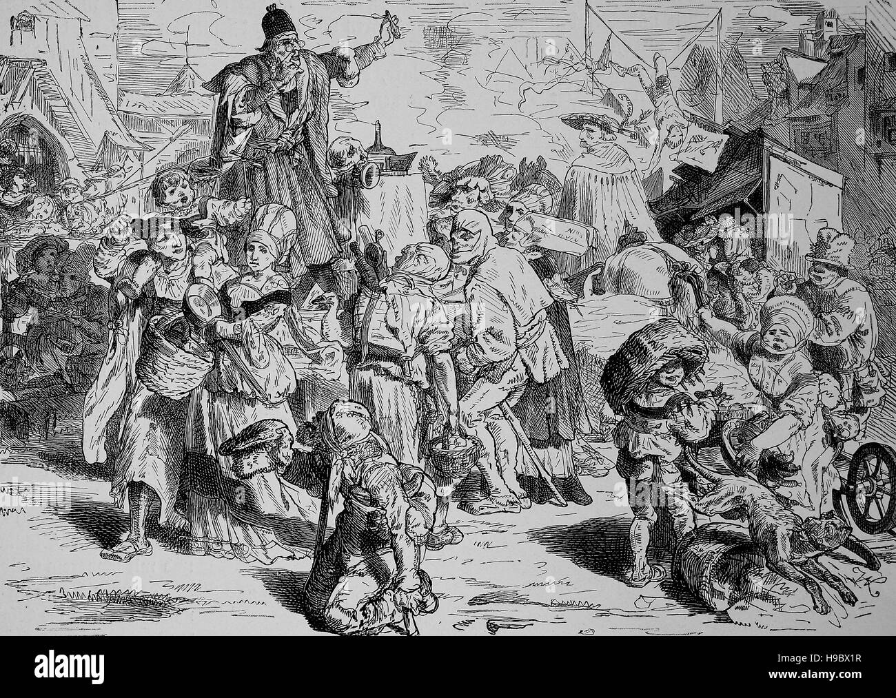yearly Fair, typical market scene in the Middle Ages in Germany, historical illustration Stock Photo
