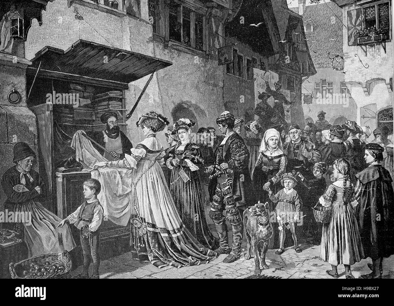 Typical market scene in the Middle Ages in Germany, historical illustration Stock Photo