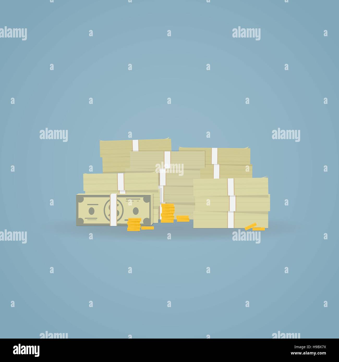 Flat illustration of pile of green dollars. Gold coins and paper dollars stacked. Stock Vector