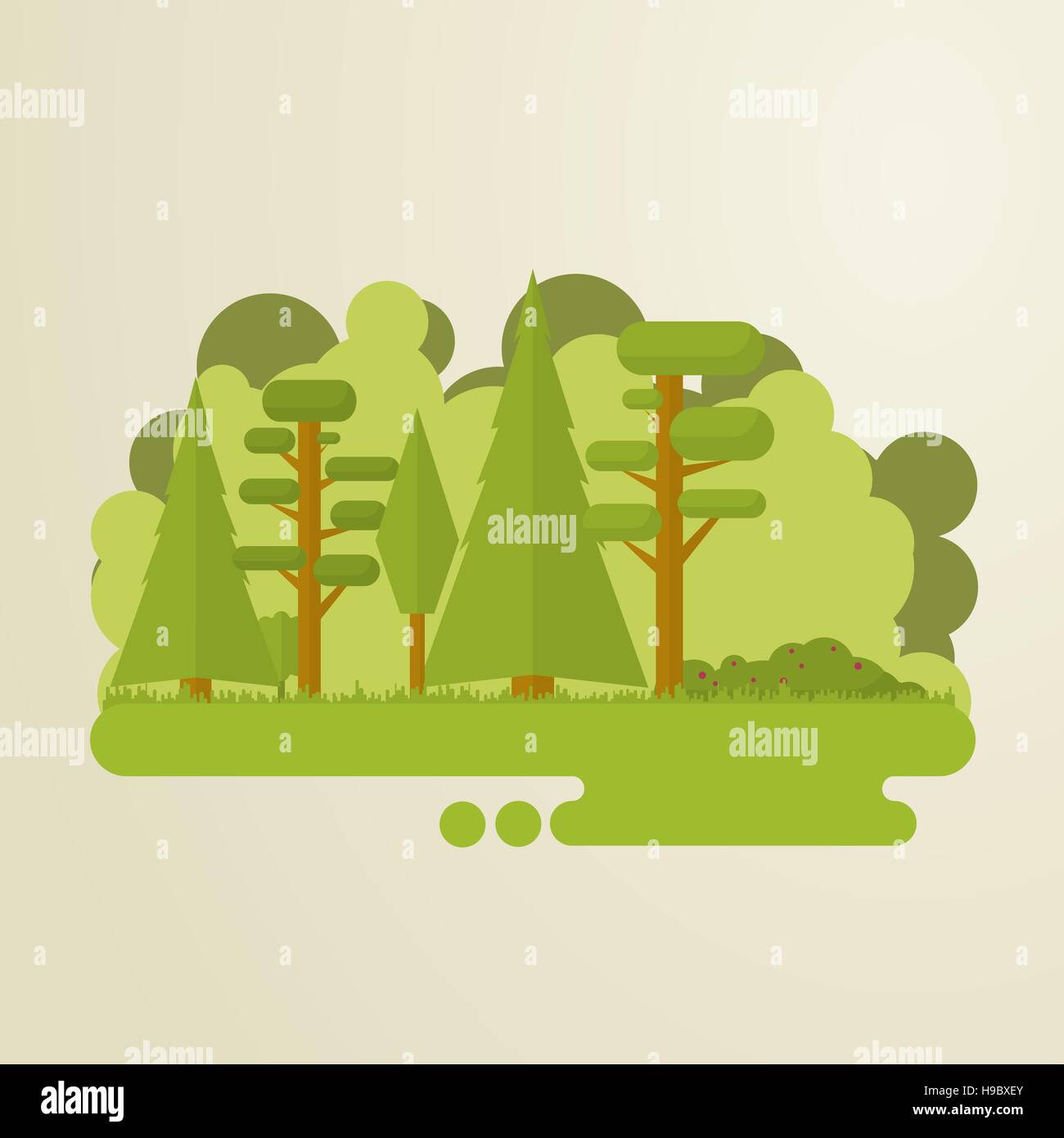 Set of flat trees in a forest. Woods, grass, bushes, pine-tree. Stock Vector