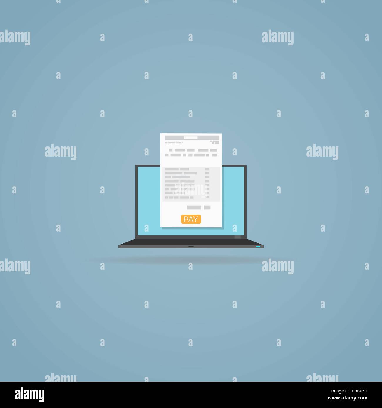 Laptop with invoice document. Yellow pay button. Online form. Stock Vector