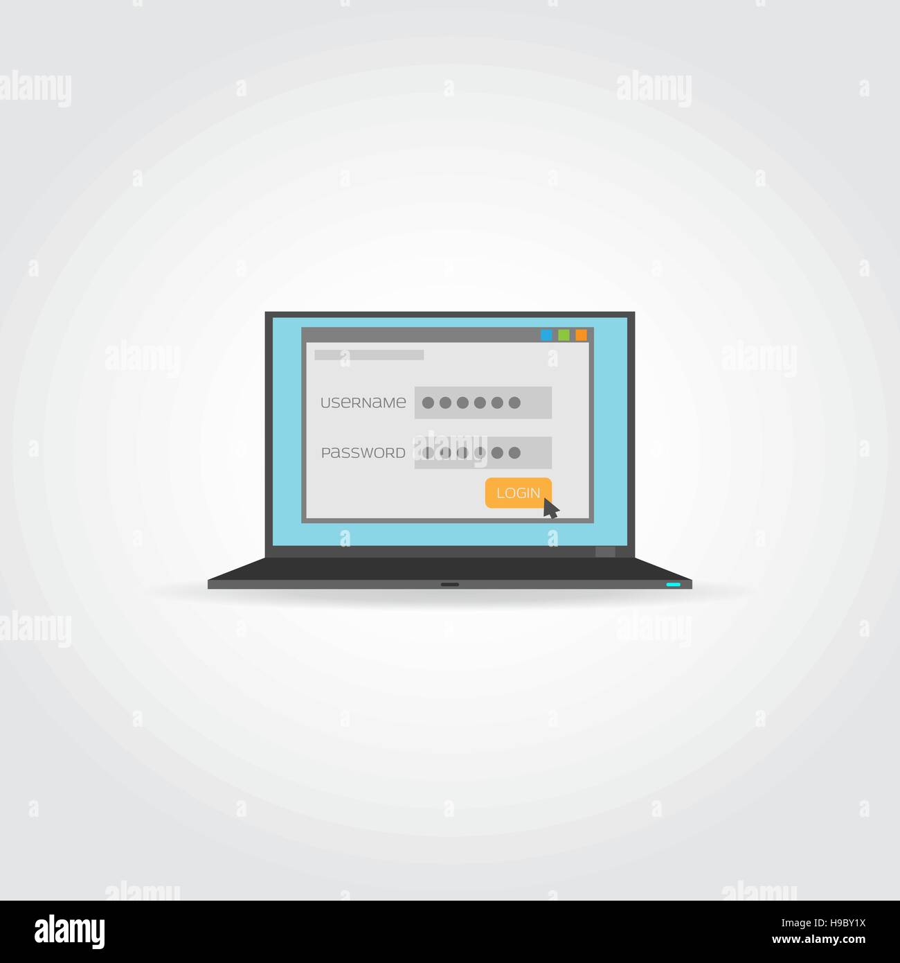 Flat illustration. Laptop monitor with password and username form and log in button. Stock Vector