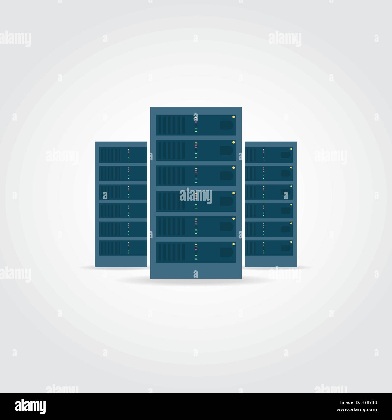 Server room. Three dark blue servers with lights. Stock Vector
