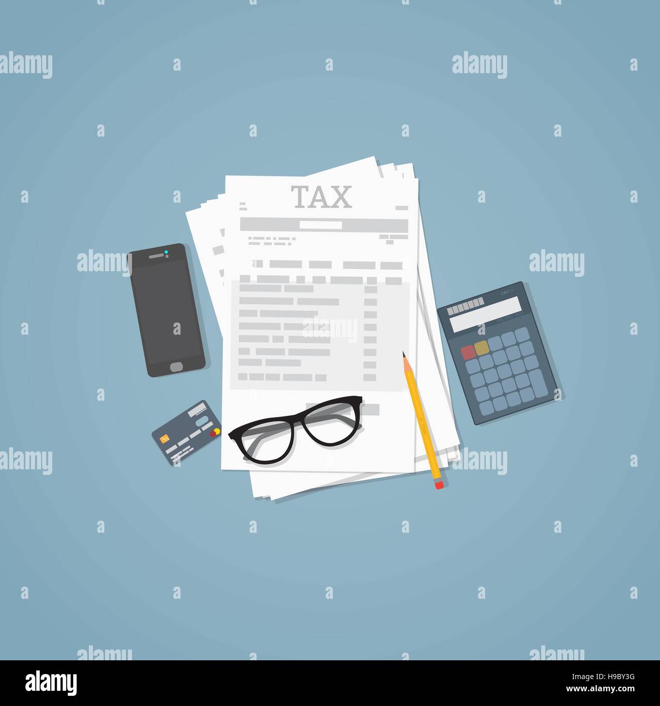 Flat illustration. Documents, pencil, business papers, calculator, glasses. Tax calculation. Stock Vector