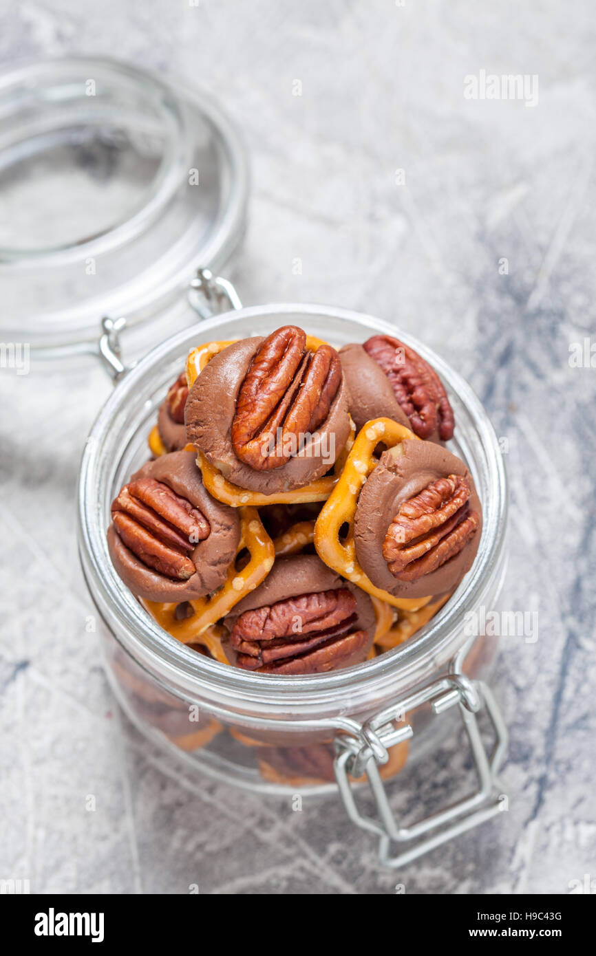 Chocolate Caramel Pecan Pretzel Bites Stock Photo Alamy