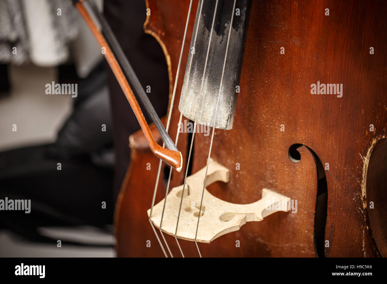 Close-up of double bass, wooden musical instrument Stock Photo