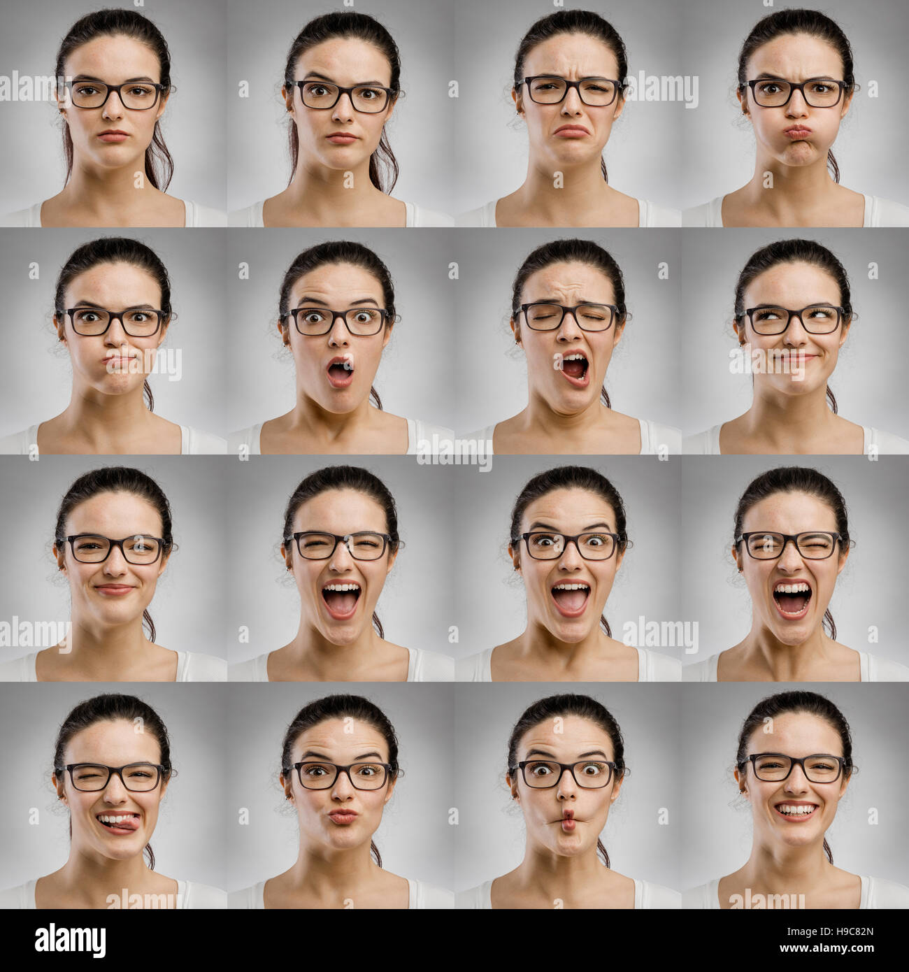Multiple portraits of the same woman making diferent expressions Stock Photo