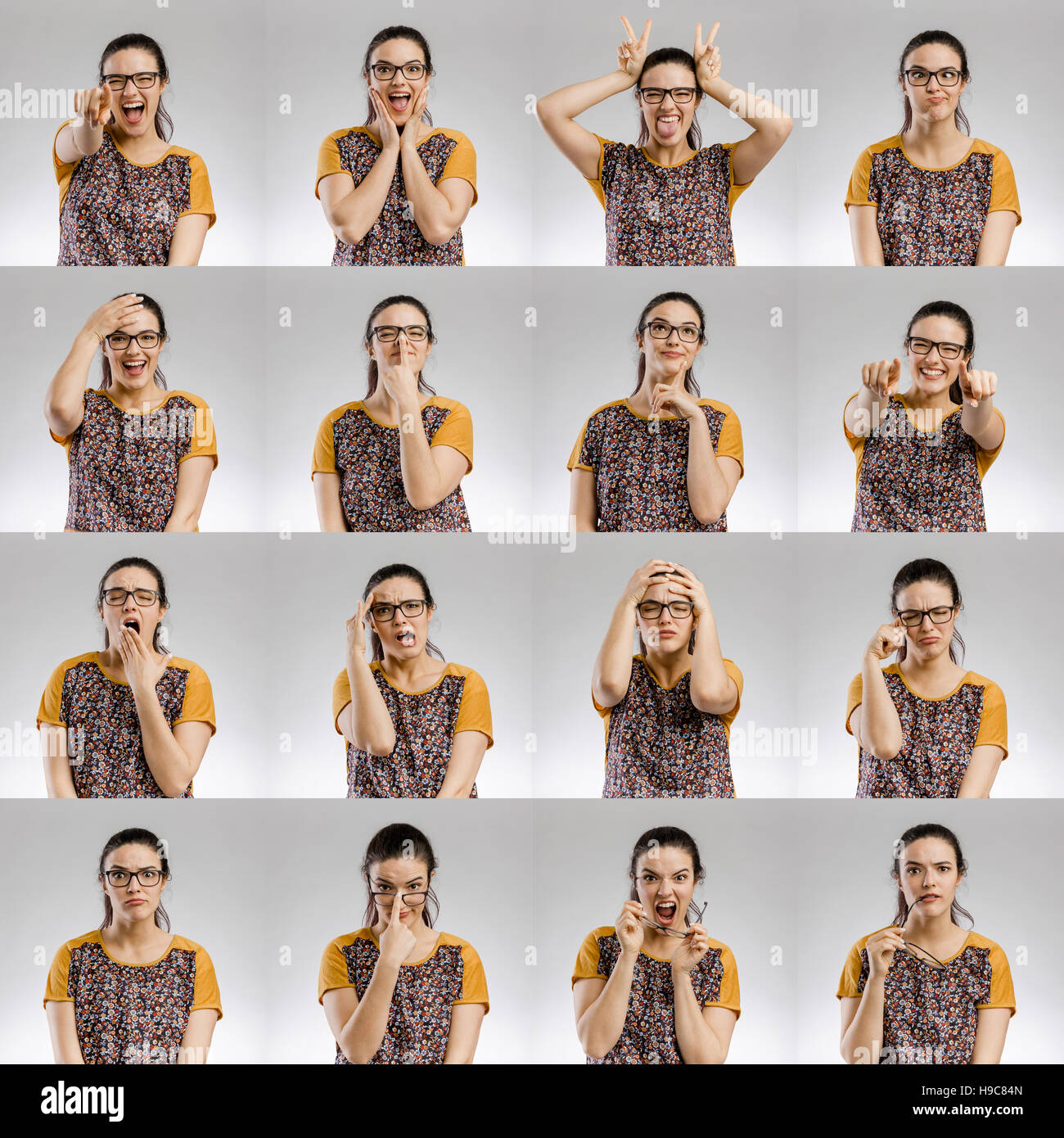 Multiple portraits of the same woman making diferent expressions Stock Photo