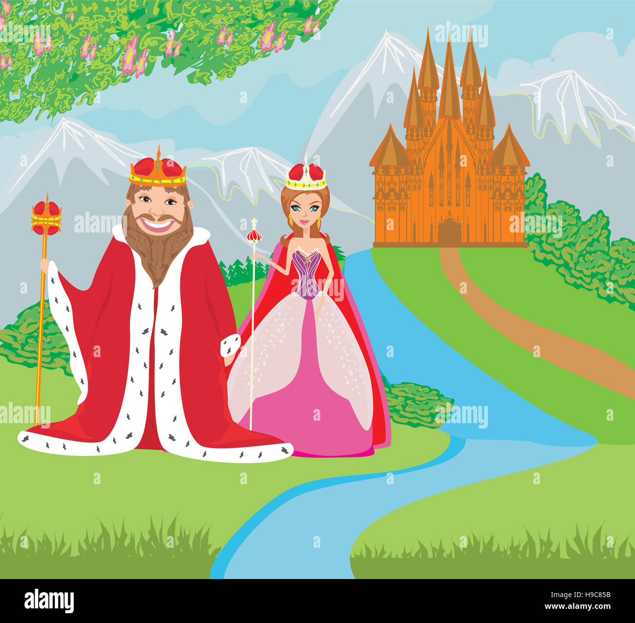 queen and king are in front of the castle Stock Photo - Alamy