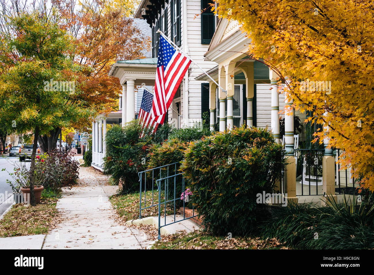 Autumn color and house in Easton, Maryland. Stock Photo