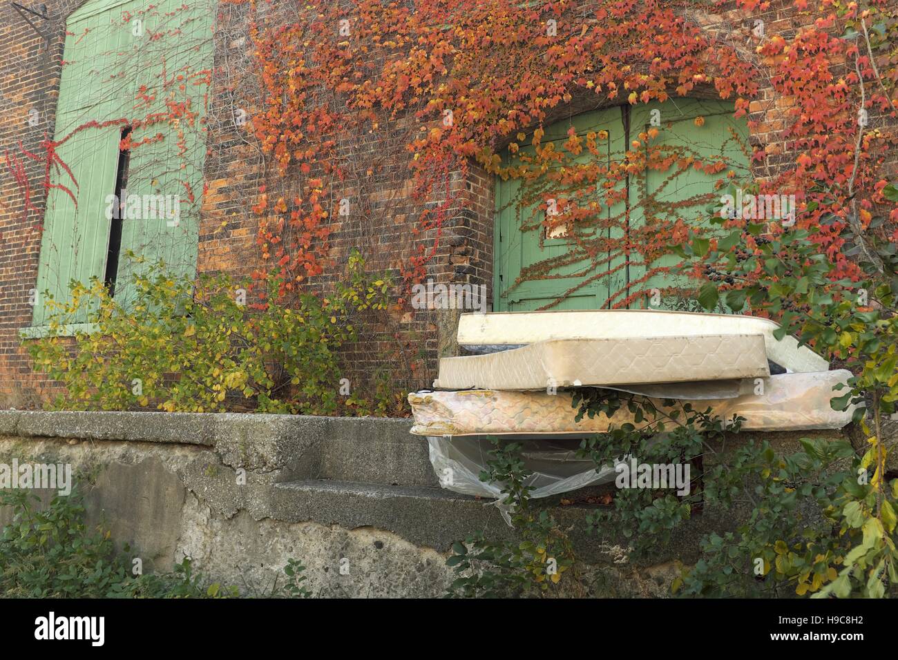 Abandoned mattresses outside a blighted warehouse Stock Photo Alamy