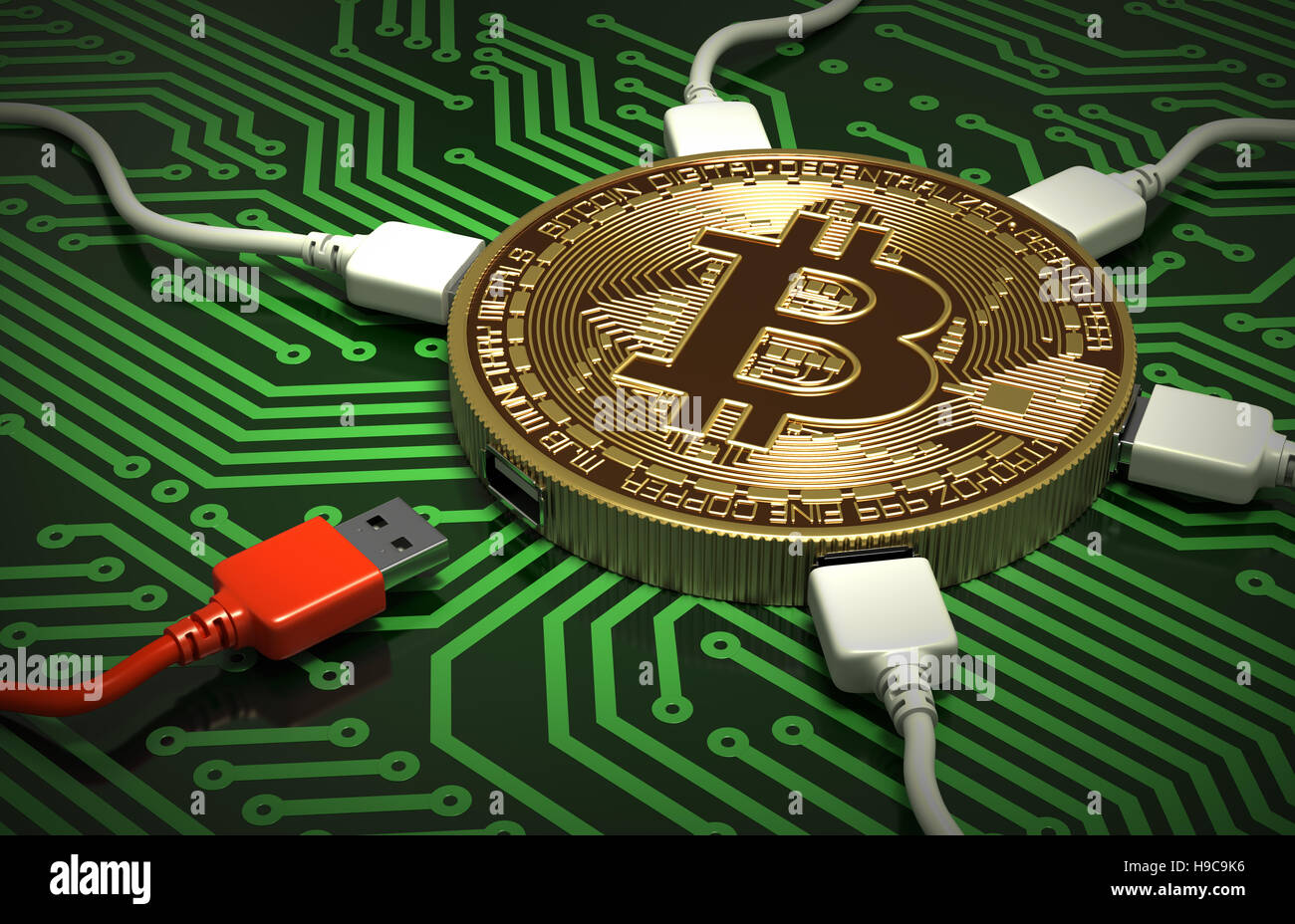 Red And White USB Wires Connected To The Bitcoin On Green Printed Circuit Board. 3D Illustration. Stock Photo