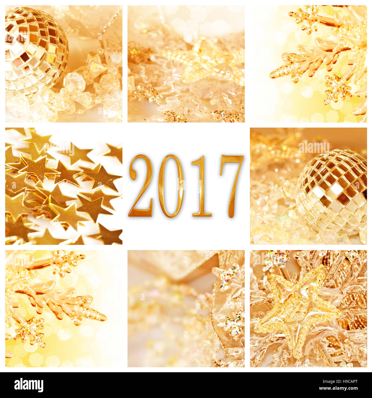 2017, golden christmas ornaments collage square greeting card Stock Photo