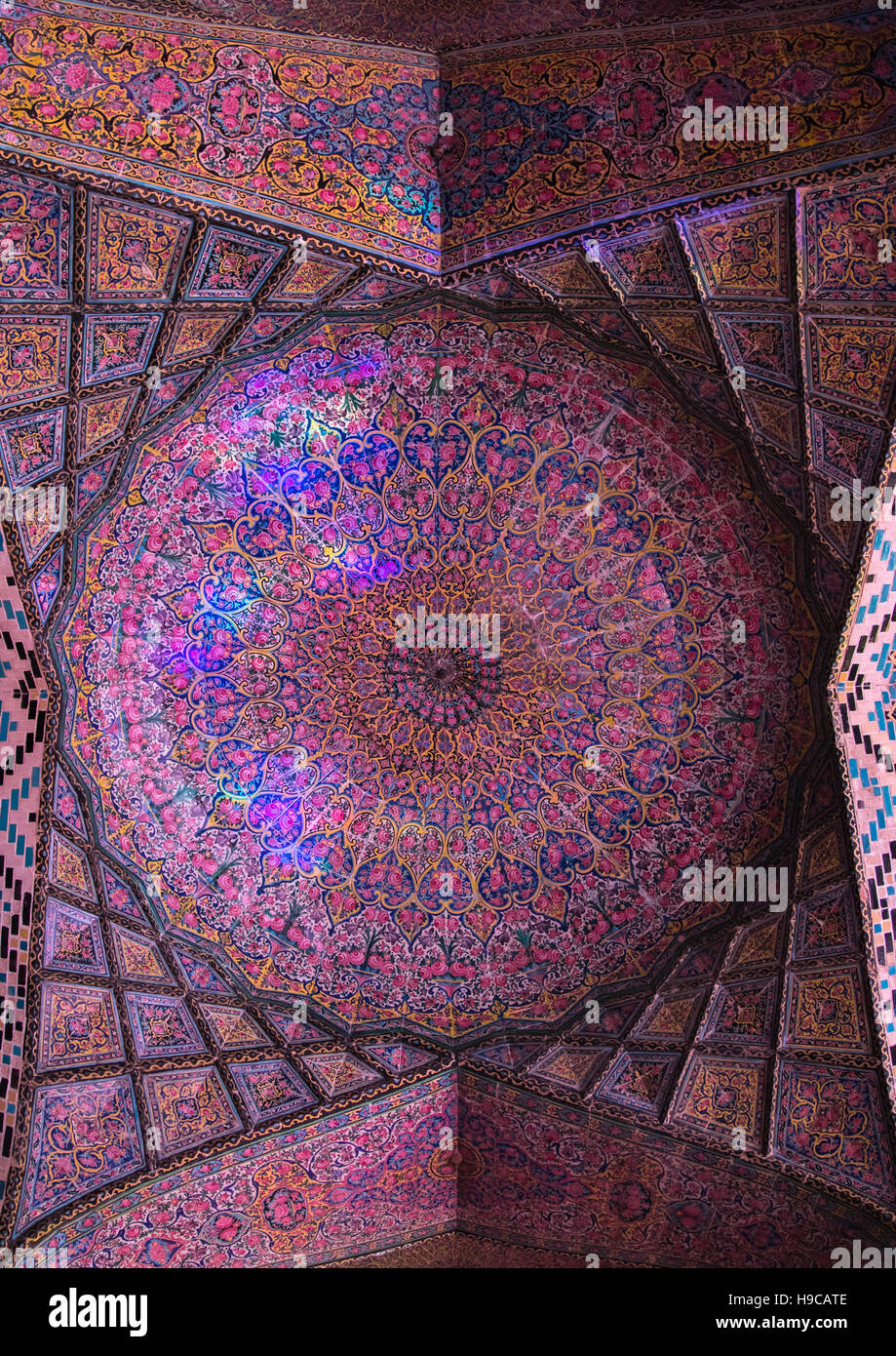 The nasir ol molk mosque ceiling with its beautiful colors, Fars province, Shiraz, Iran Stock Photo