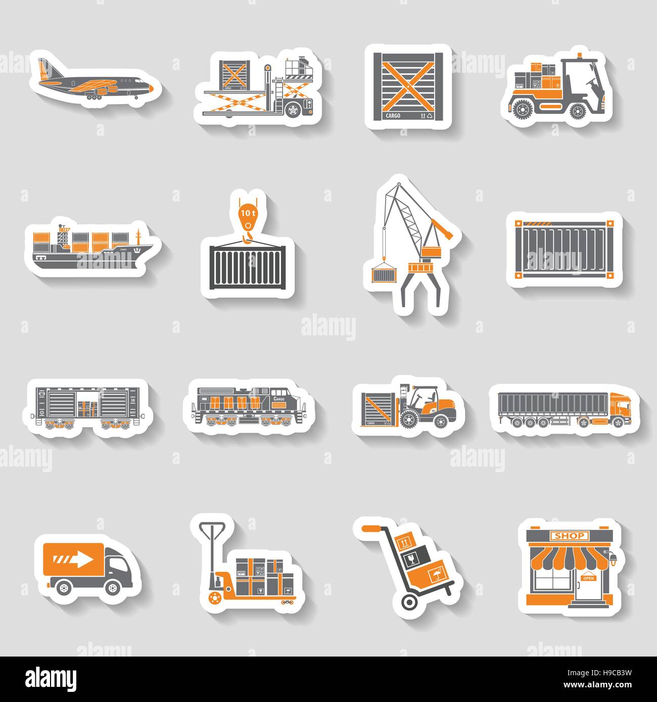 Cargo Transport and Packaging two color sticker set Stock Vector