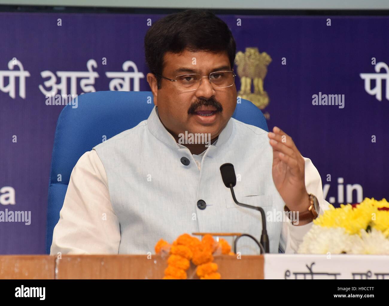 Indian Minister of State for Petroleum and Natural Gas Dharmendra Pradhan addresses the Economic Editors Conference November 10, 2016 in New Delhi, India. Stock Photo