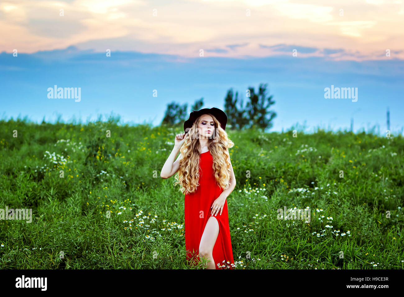 young beautiful girl in a red hat and red dress standing in the field ...