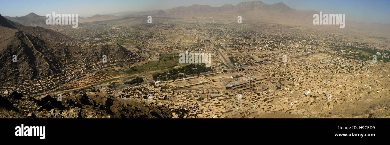 28th May 2004 Viewed from the top of the Asmai Heights (TV hill): a panoramic aerial view of Kabul, Afghanistan, looking to the south-west. Stock Photo