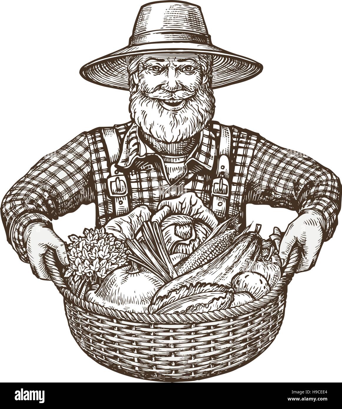 Vegetables. Farmer with basket in hands. Sketch vector Stock Vector