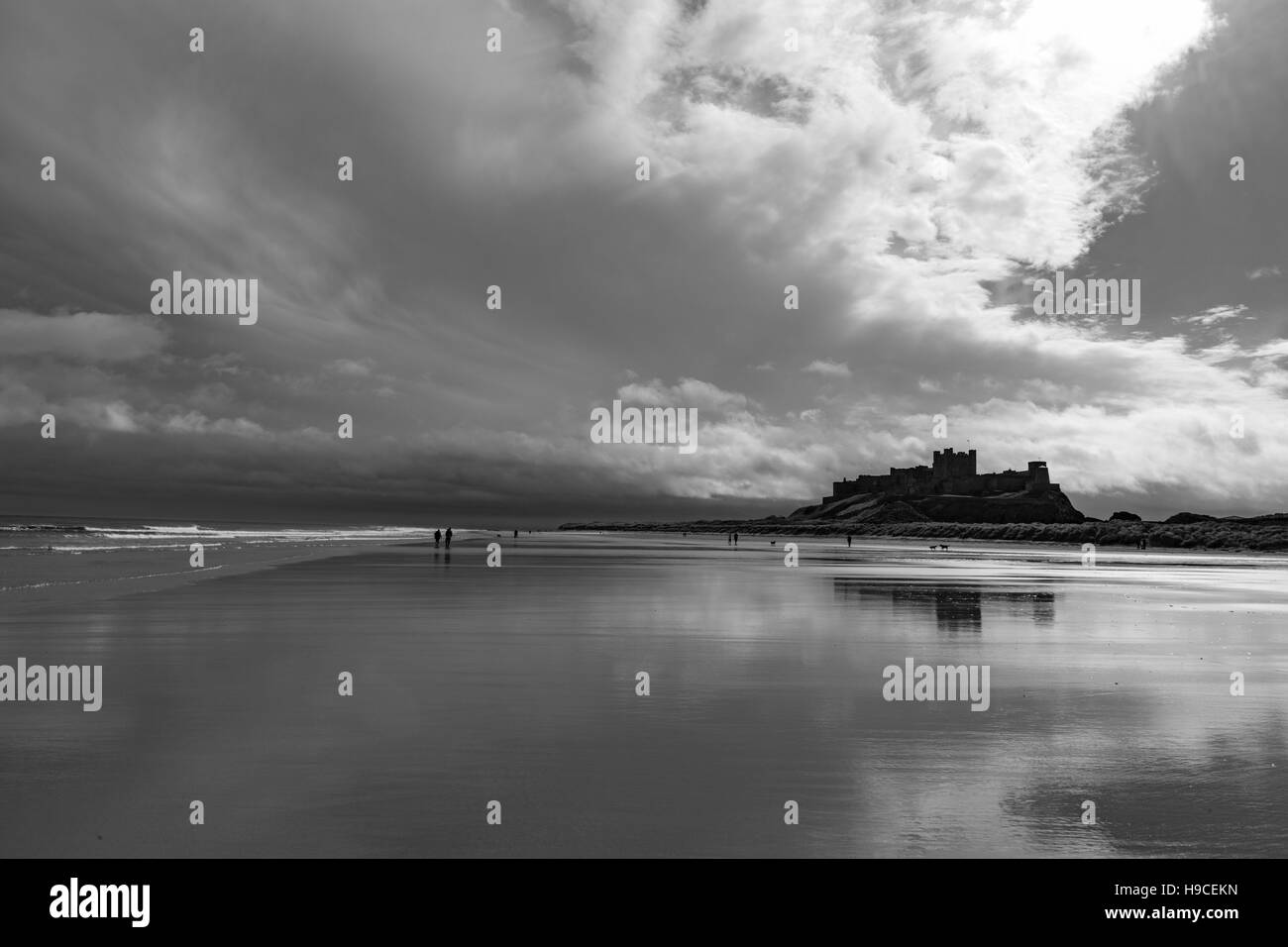 Bamburgh Castle in monochrome, Northumberland Coast, England, UK Stock Photo