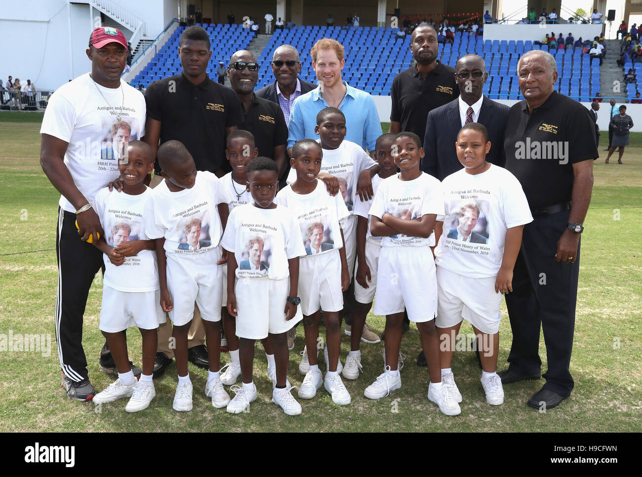 Prince Harry meets cricketers (left to centre) Alzarri Joseph (second left), Sir Curtly Ambrose (third right), Sir Anderson Roberts (right) and Sir Vivian Richards (third left) during a youth sports festival at the Sir Vivian Richards Stadium in North Sound, Antigua, on the second day of his tour of the Caribbean. Stock Photo