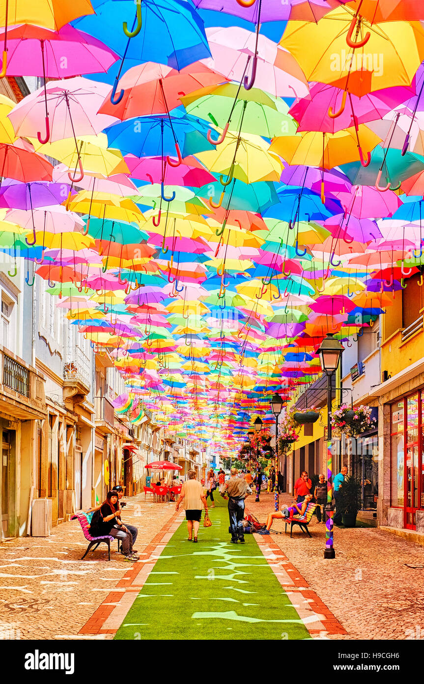 Umbrellas over Rua de Guarda Chuvas as part of Agitagueda art festival,  Agueda, Portugal Stock Photo - Alamy
