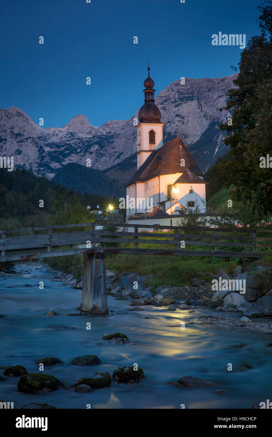 Twilight over St Sebastian Church, Ramsau bei Berchtesgaden, Bavaria, Germany Stock Photo