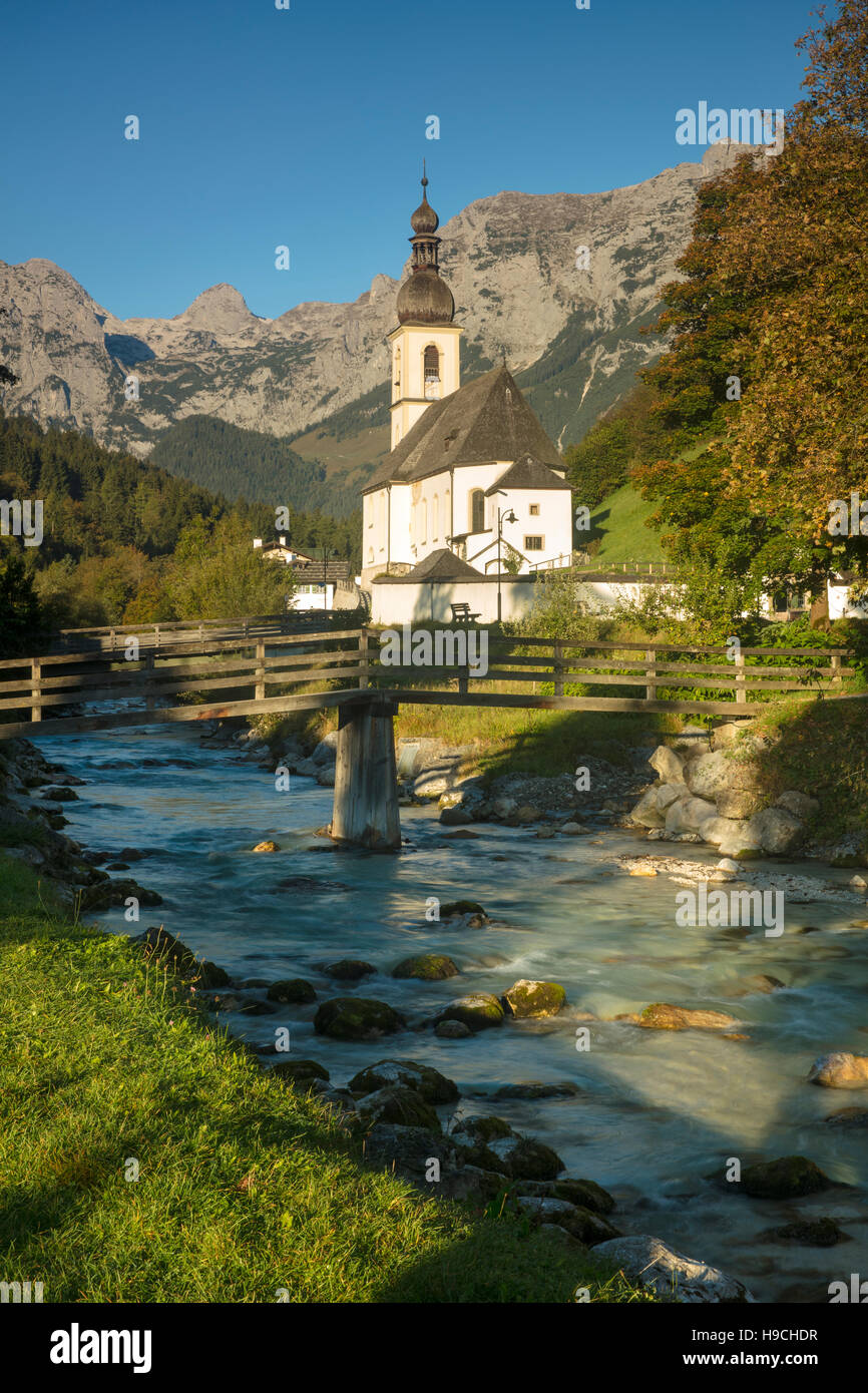 Early morning over St Sebastian Church, Ramsau bei Berchtesgaden, Bavaria, Germany Stock Photo