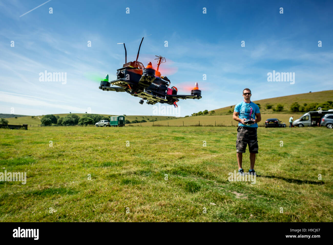 At a miniature drone airshow in East Sussex: Andy Frak, from Bexley, practising. Stock Photo