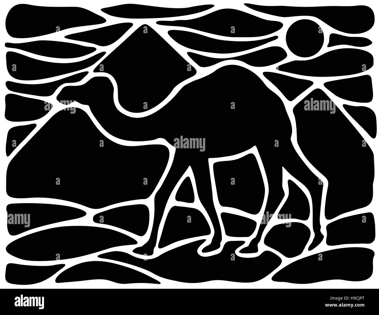 Graphic silhouette of a dromedary with pyramids on the background Stock Vector