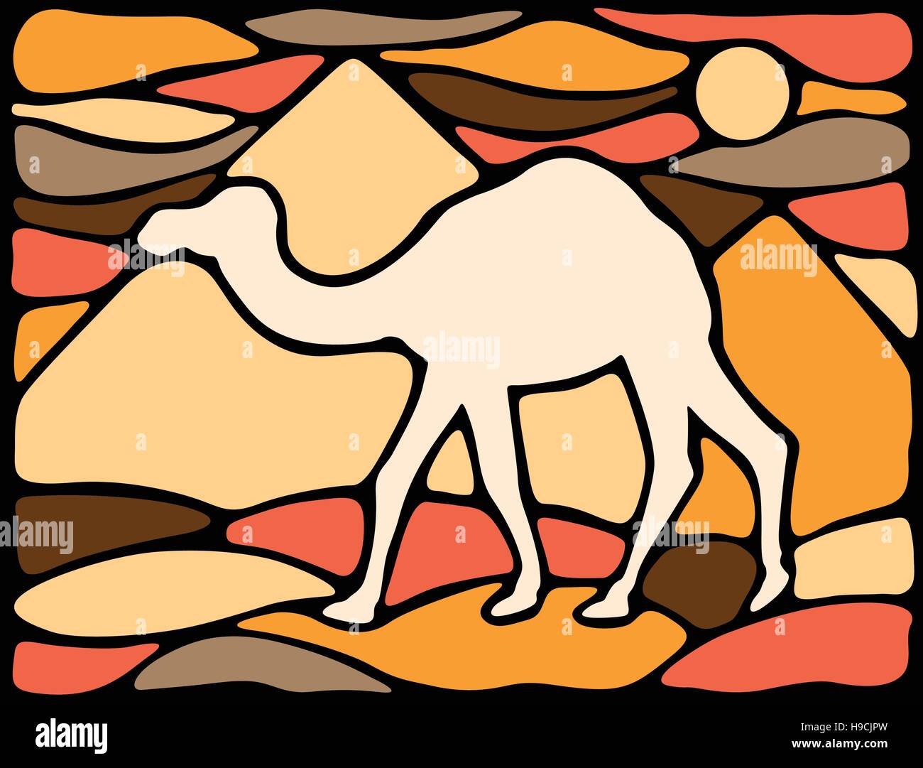 Graphic silhouette of a dromedary with pyramids on the background Stock Vector