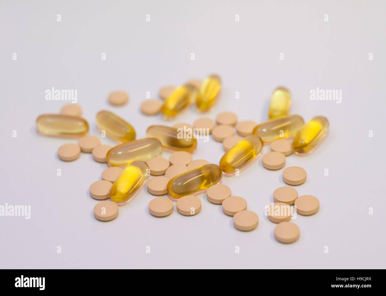 General view of multivitamins and Omega 3 fish oil liquid capsules