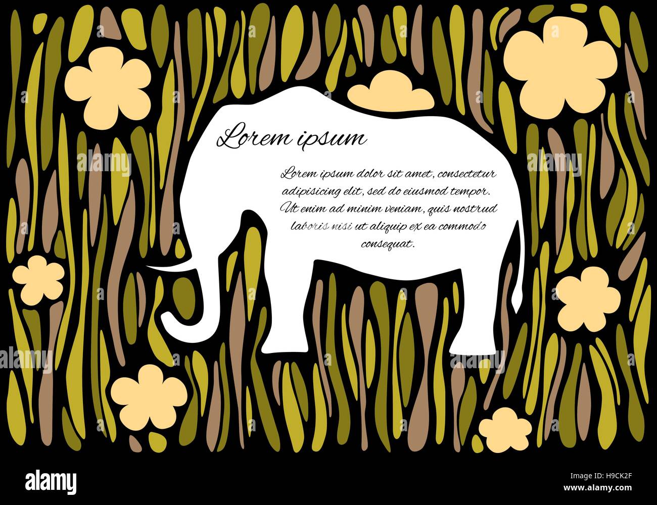 Vector silhouette of an elephant on an abstract jungle background. Can be used as a frame for your text. Stock Vector