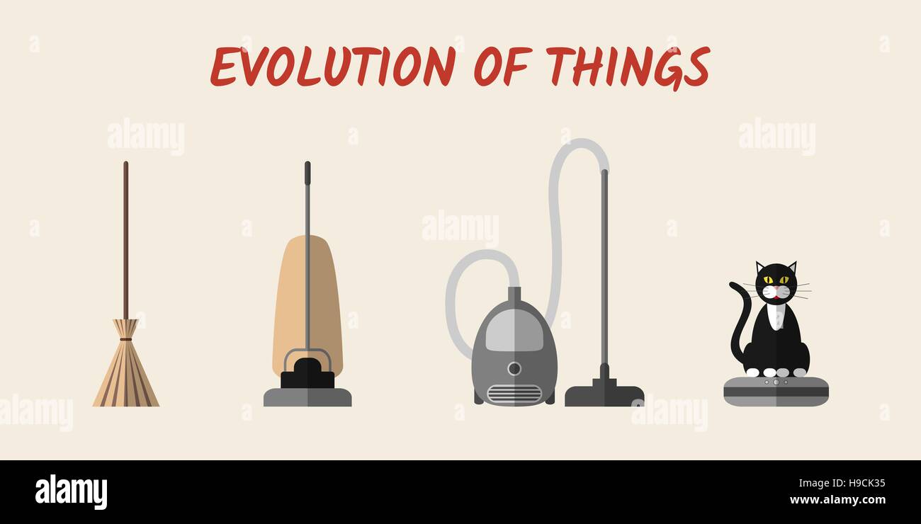 Evolution of cleaning devices: a broom, a retro vacuum cleaner, a modern vacuum cleaner and a robotic vacuum cleaner with a cat sitting on it. Stock Vector